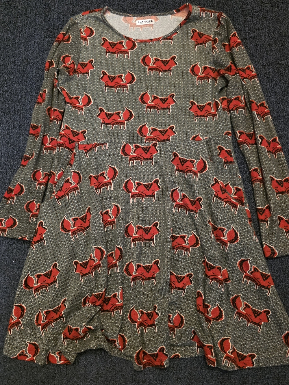 LA Soul Womens Fox Print Long Sleeve Fit Flare Dress Pockets Stretchy Retro